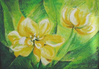 Acrylbild zweier gelben Tulpen vor grünem Hintergrund.